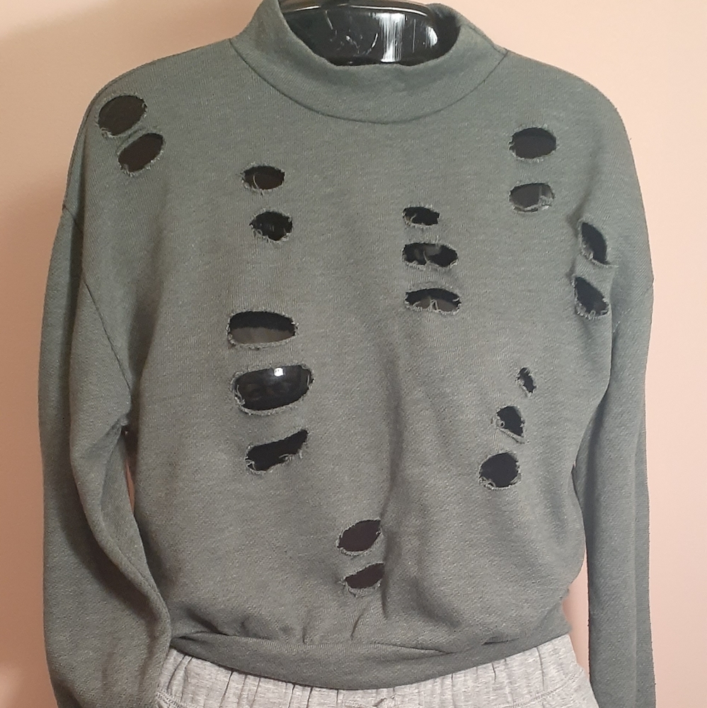 Cropped Distressed Olive Sweater